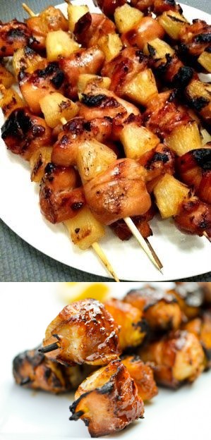 Bacon-Wrapped Chicken Skewers With Pineapple and Teriyaki Sauce