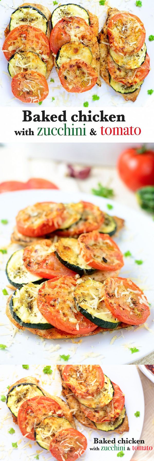 Baked chicken breast with zucchini and tomato