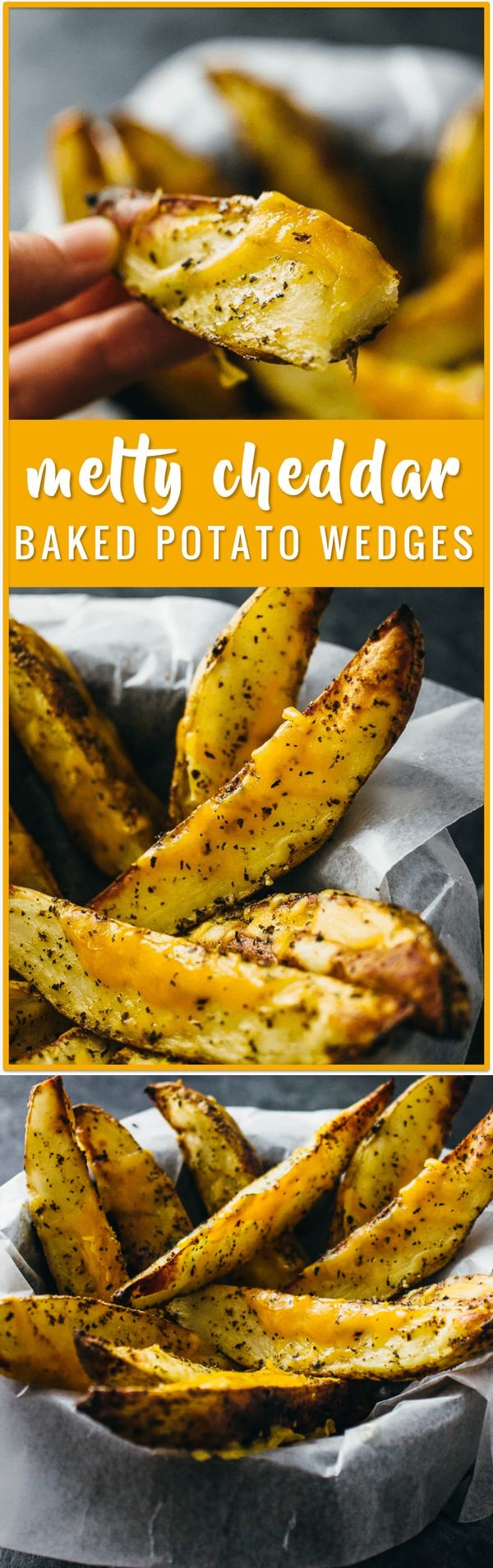 Baked potato wedges with melted cheddar cheese