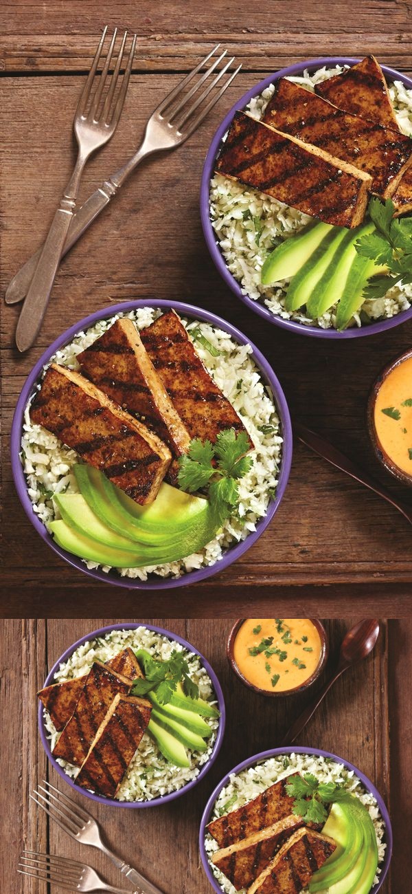 Balsamic Grilled Tofu with Cilantro Cauliflower Rice and Sriracha Mayo