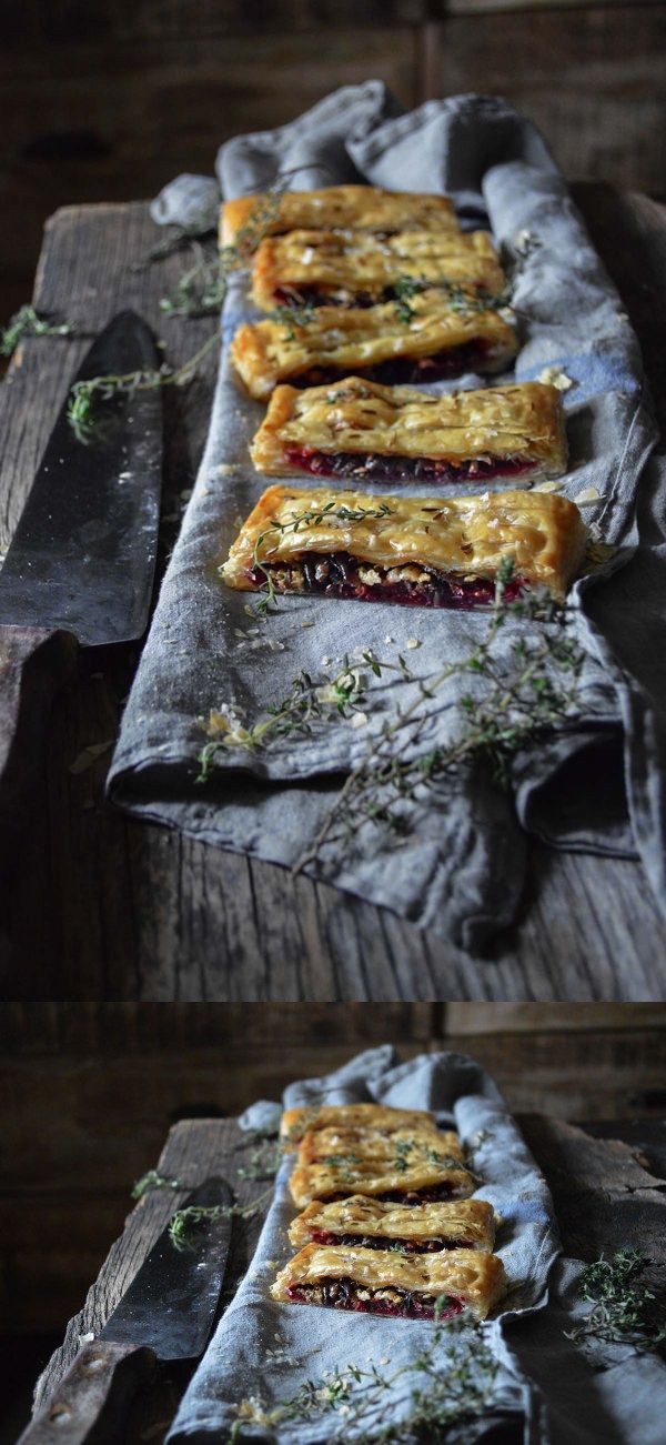 Beet, caramelised onion & gorgonzola flat pies