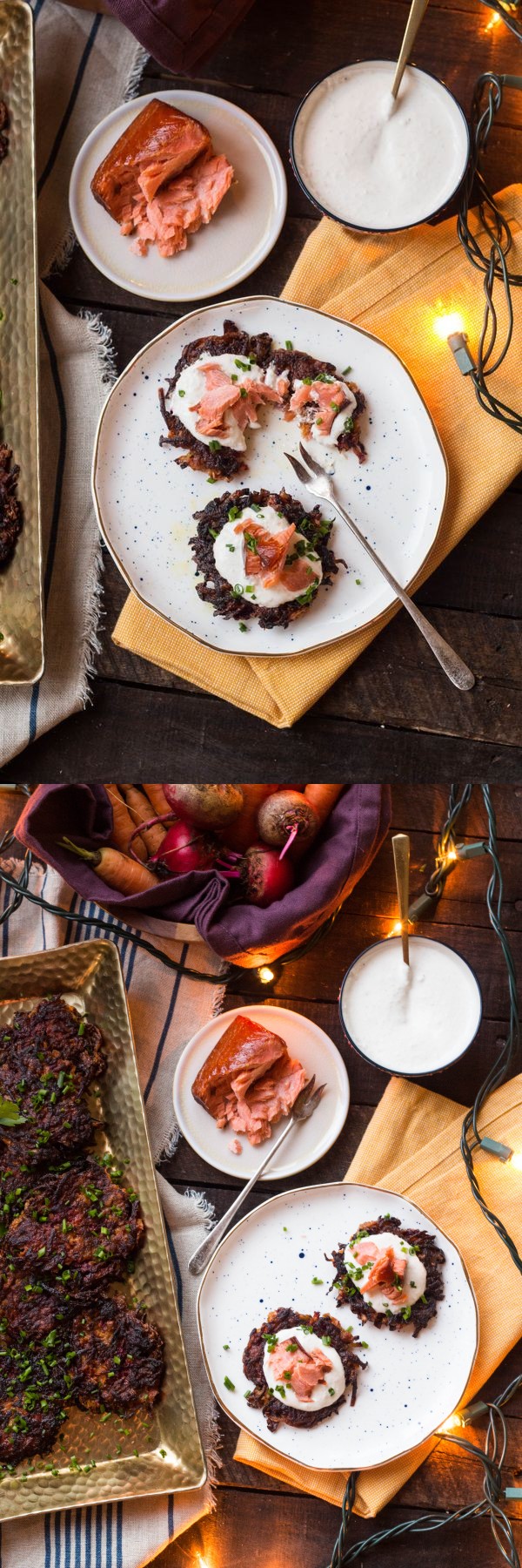 Beet + Carrot Latkes with Smoked Salmon + Horseradish Sour Cream