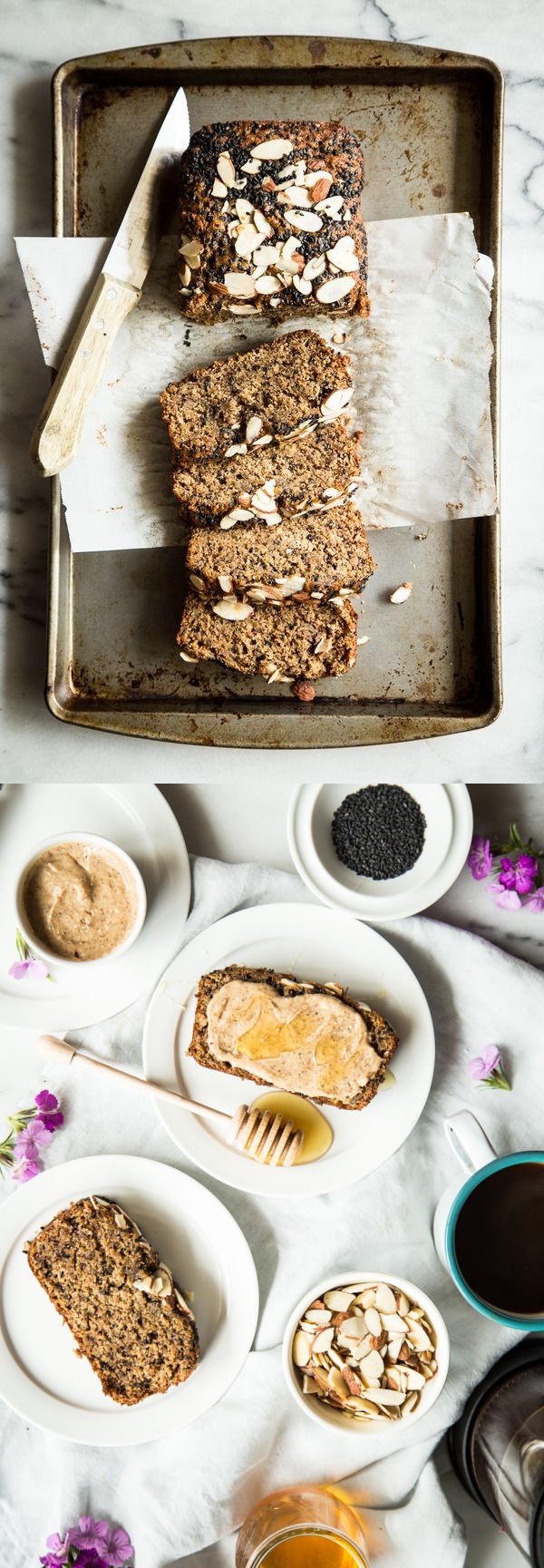 Black Sesame Banana Bread with Tahini Almond Butter