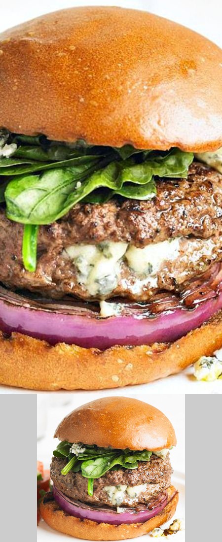 Blue Cheese Stuffed Burger with Red Onion and Spinach