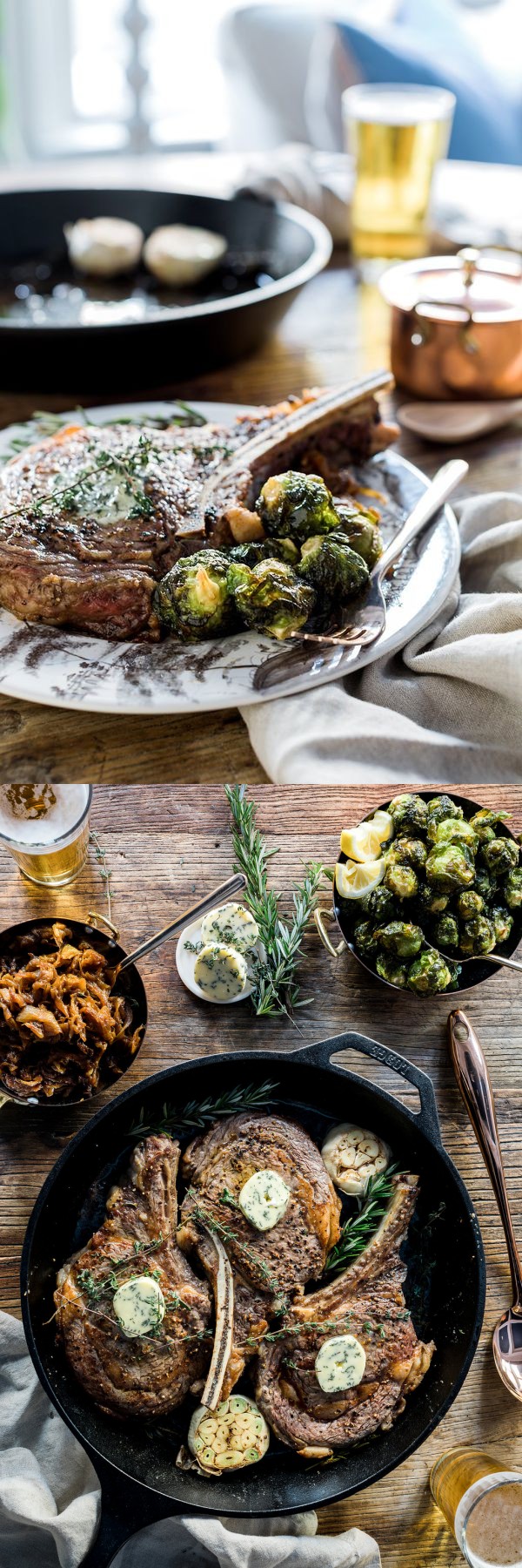 Bone-In Ribeye with Caramelized Onions & Fried Brussels Sprouts