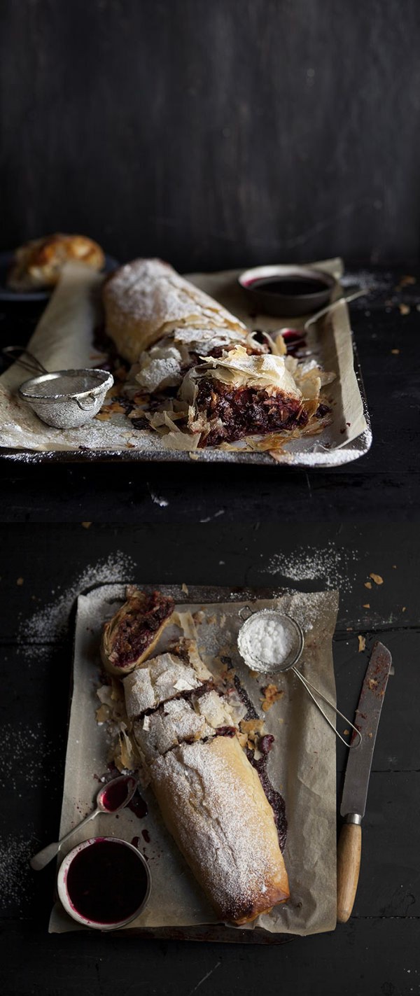 Boozy cherry and christmas pudding strudel with chocolate