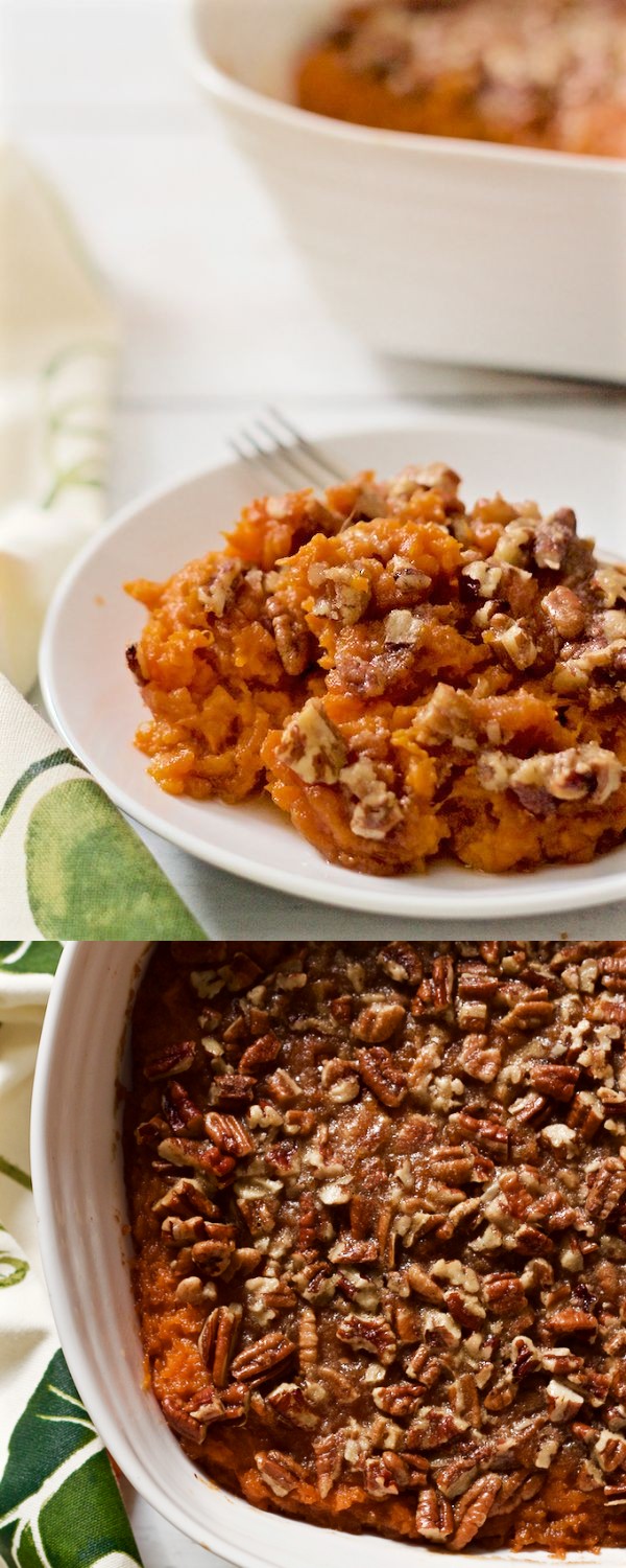 Bourbon sweet potato casserole with buttery pecans