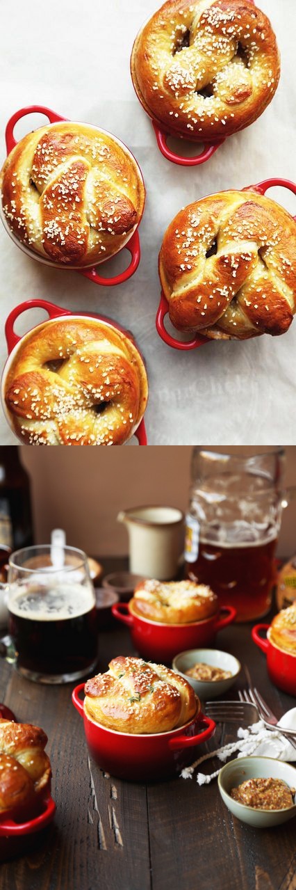 Bratwurst, Beer & Cheddar Pretzel Pot Pie