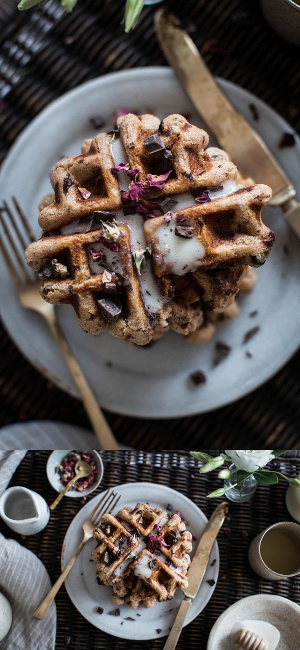 Breakfast in bed | vegan rose + chocolate chip spelt waffles