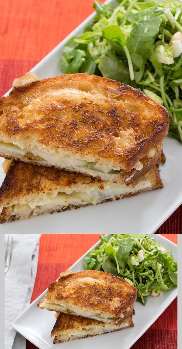 Brie & Pear Grilled Cheese Sandwiches with Brussels Sprout, Arugula & Hazelnut Salad