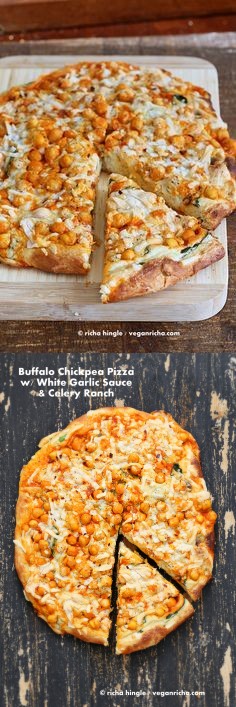 Buffalo Chickpea Pizza with White Garlic Sauce and Celery Ranch Dressing