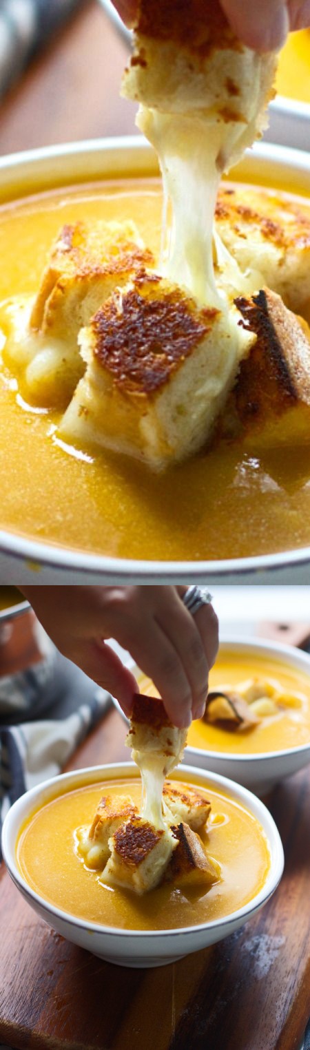 Butternut Squash, Apple Cider and Cheddar Soup with Roasted Garlic Cheddar Grilled Cheese Croutons