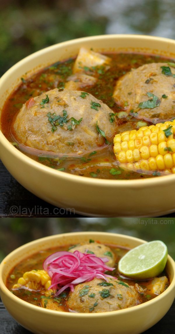 Caldo de bolas de verde or green plantain dumpling soup