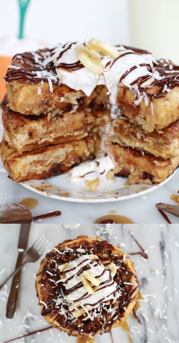 Caramelized coconut banana bread waffle french toast