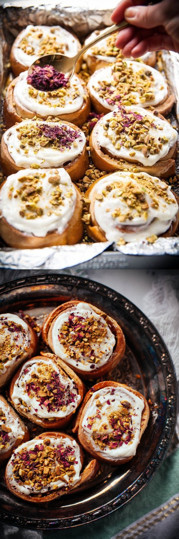 Cardamom Rolls with Pistachio Rose Frosting