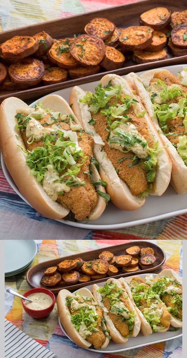 Catfish Po' Boy Sandwiches with Cajun Sweet Potatoes & Remoulade