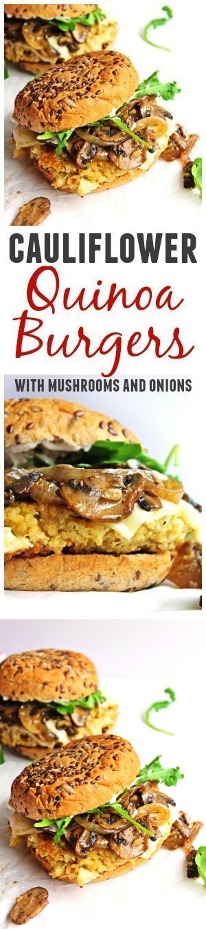 Cauliflower quinoa burgers with mushrooms and onions