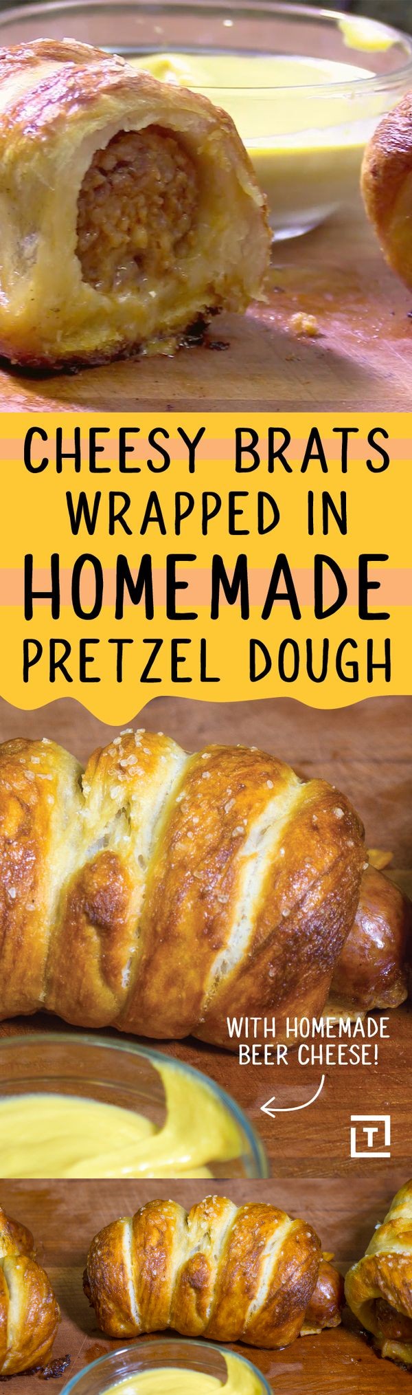 Cheesy Brats Wrapped in Pretzel Dough