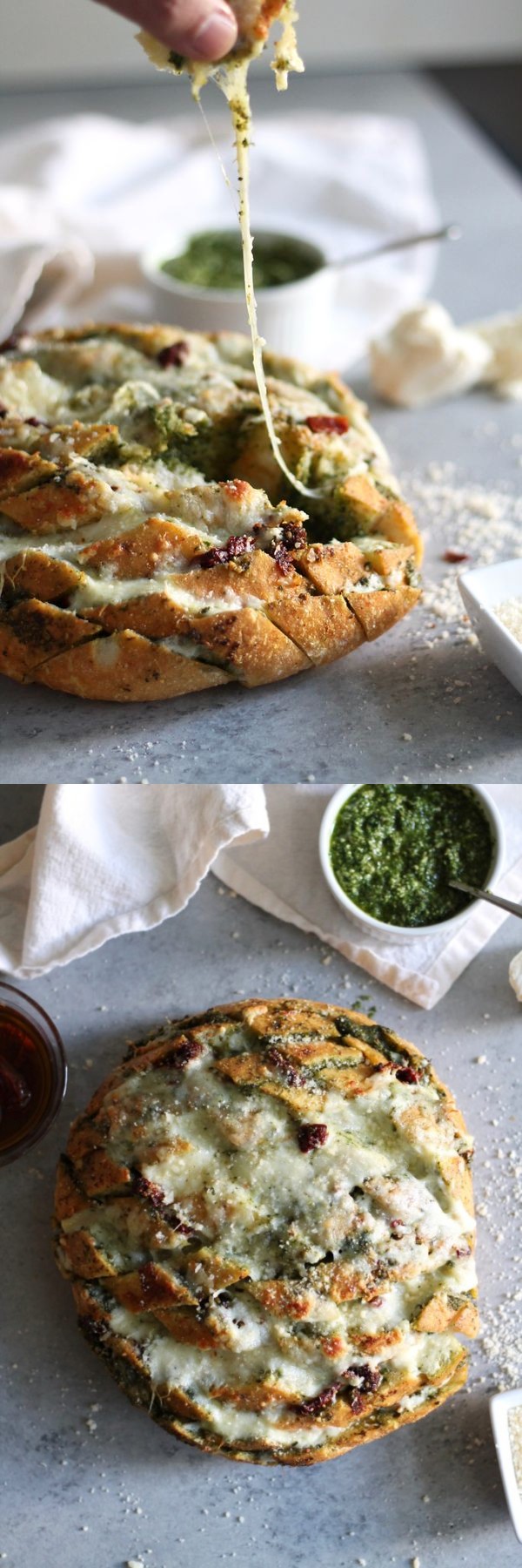 Cheesy Pesto Sundried Tomato Pull Apart Bread