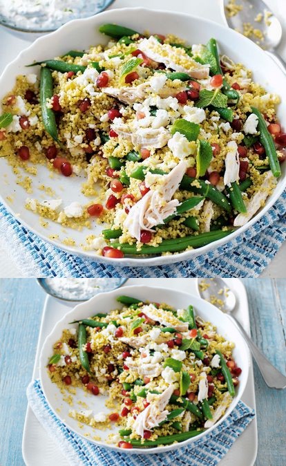 Chicken, feta and pomegranate salad with mint yogurt