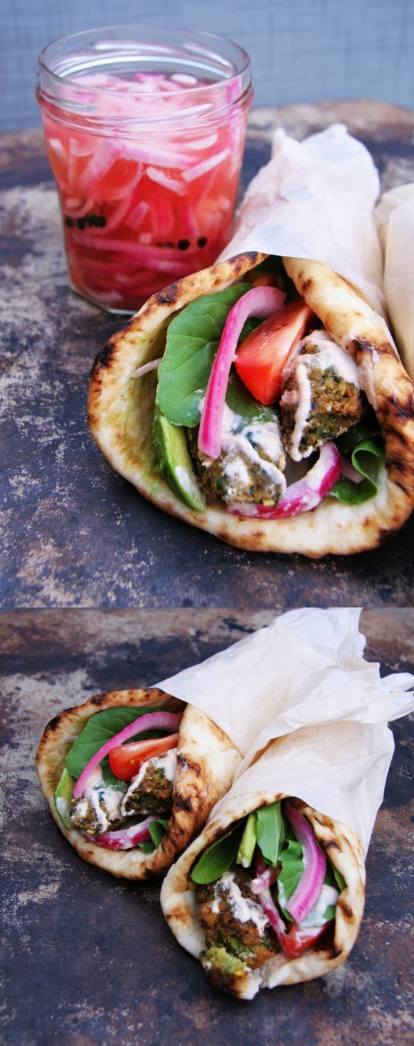 Chickpea & Broad Bean Falafels with Pickled Red Onions & Lemon Tahini Sauce