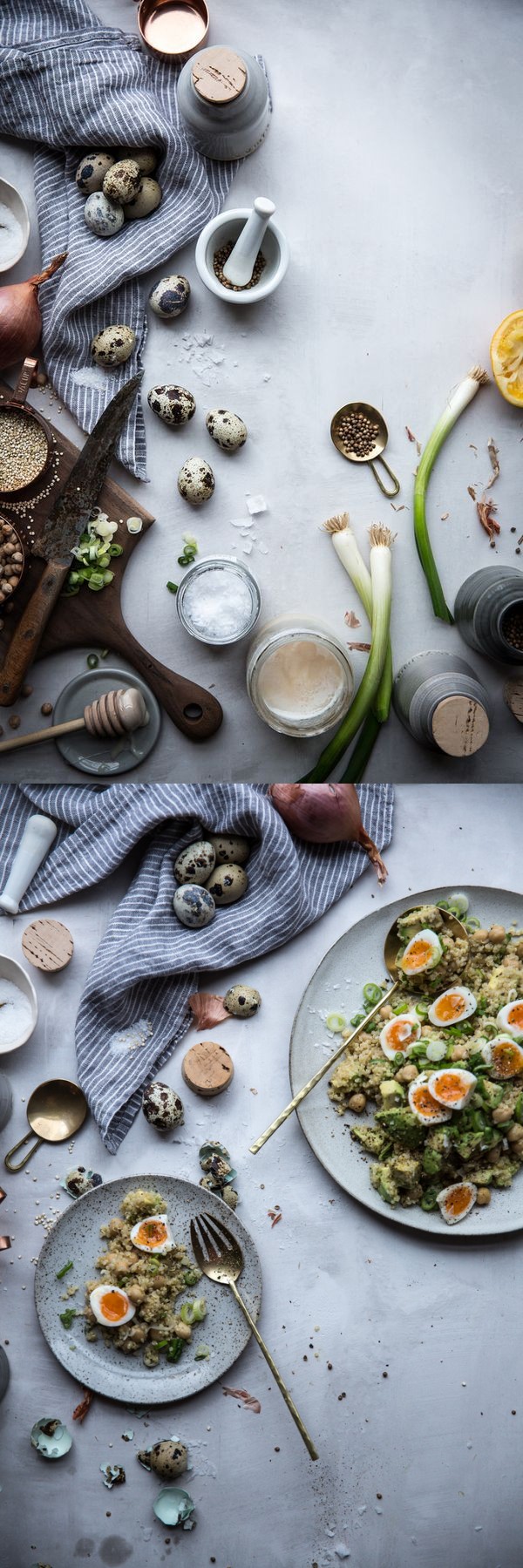 Chickpea + quinoa salad with miso lemon vinaigrette & quail eggs