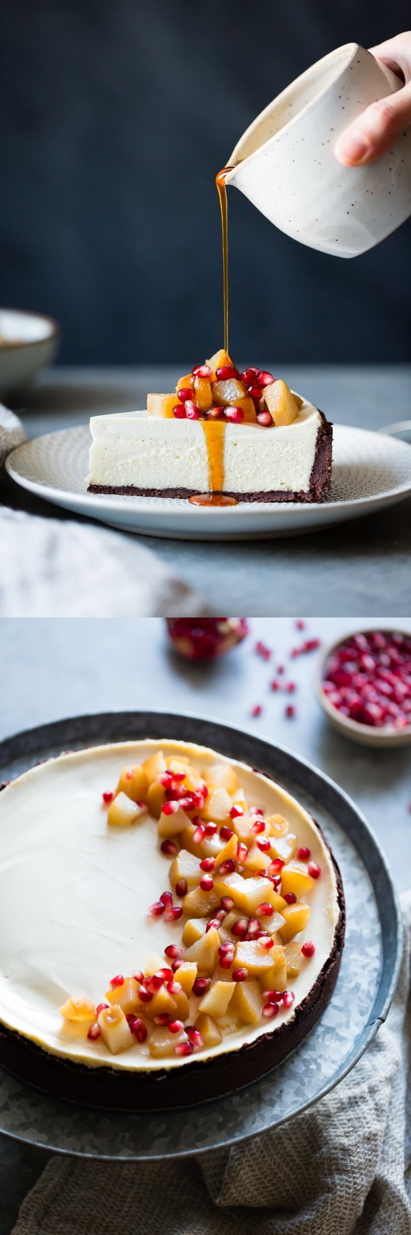 Chocolate Crusted Chèvre Cheesecake with Earl Grey Poached Pears & Pomegranate (gluten-free