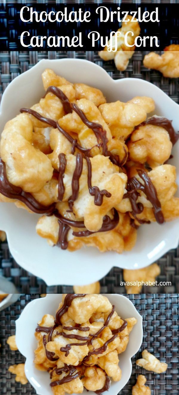 Chocolate Drizzled Caramel Puff Corn