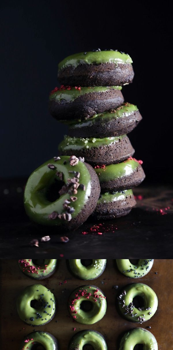 Chocolate Fudge Doughnuts with Matcha Glaze