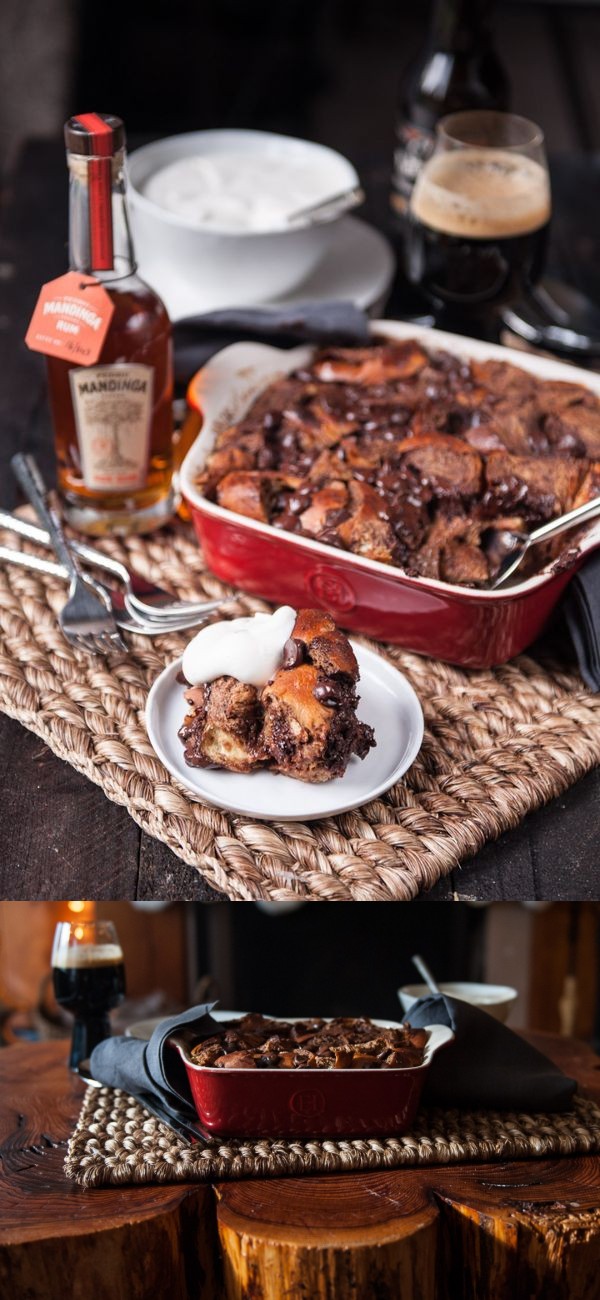 Chocolate Stout Bread Pudding with Rum Whipped Cream