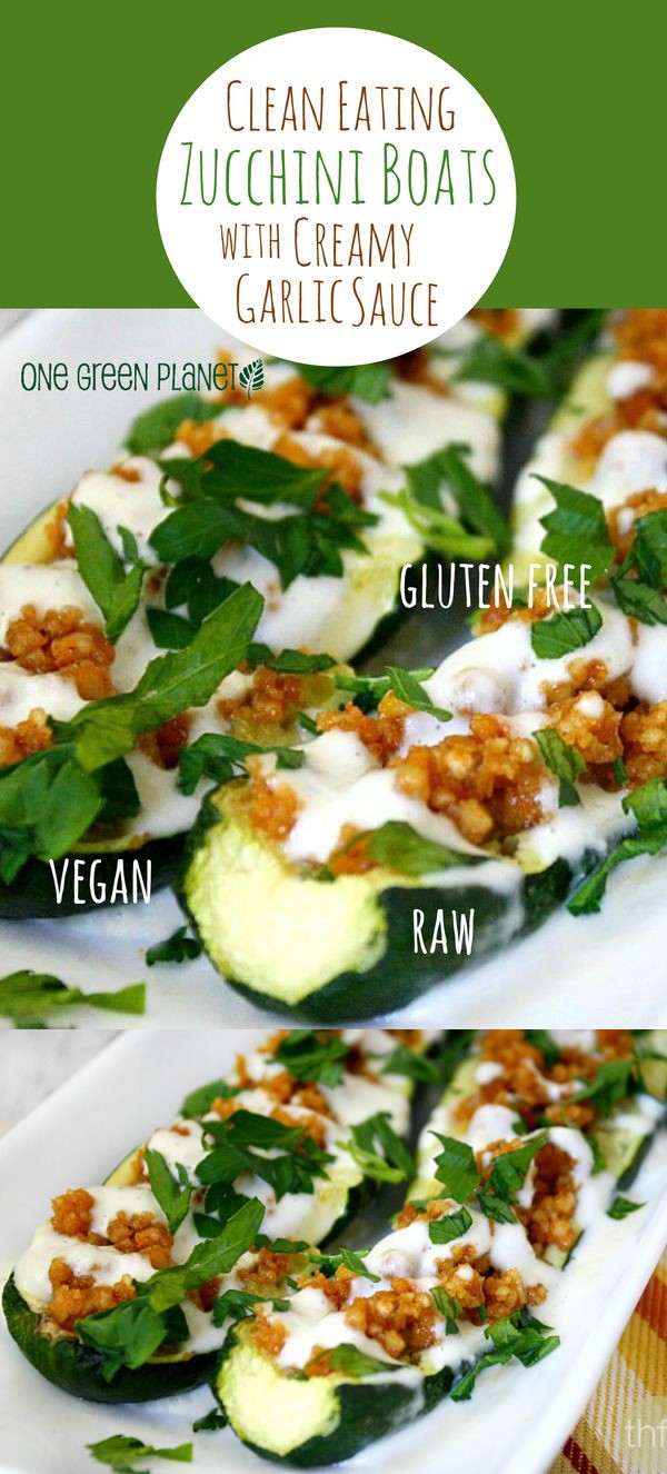 Clean Eating Zucchini Boats with Creamy Garlic Sauce [Vegan, Raw, Gluten-Free]