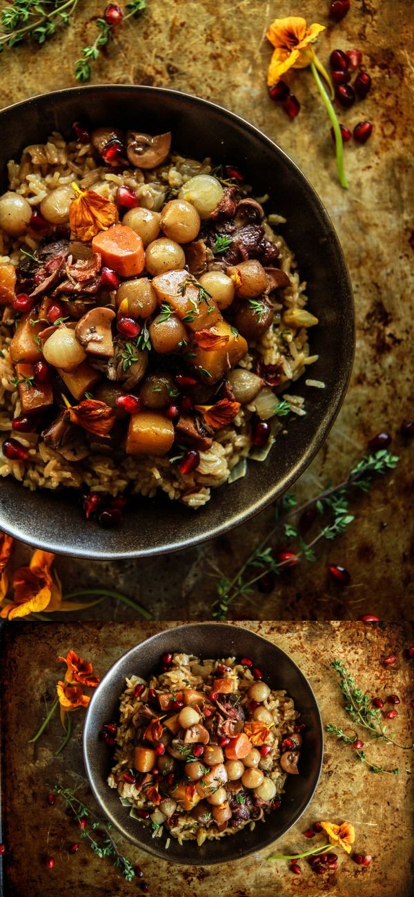 Coq Au Vin with Winter Vegetables and Cranberry Thyme Rice