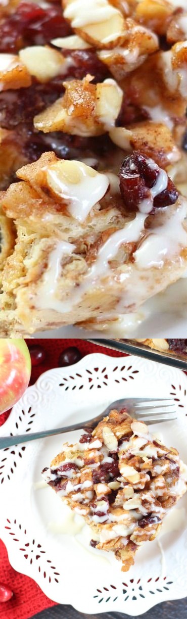 Cranberry Apple Croissant French Toast Casserole with Apple Cider Glaze