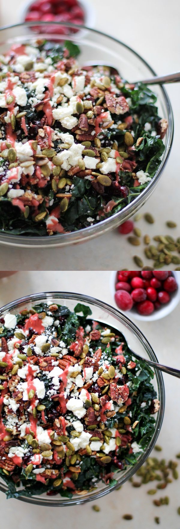 Cranberry Kale Salad with Roasted Pecans and Feta