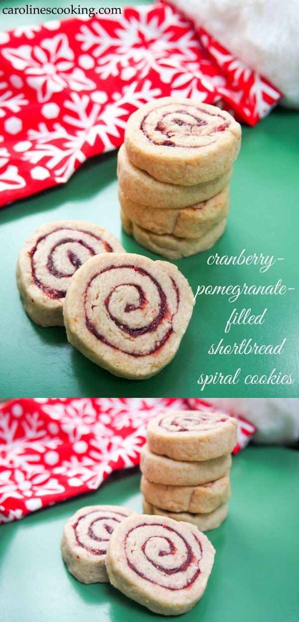 Cranberry-pomegranate-filled shortbread spiral cookies