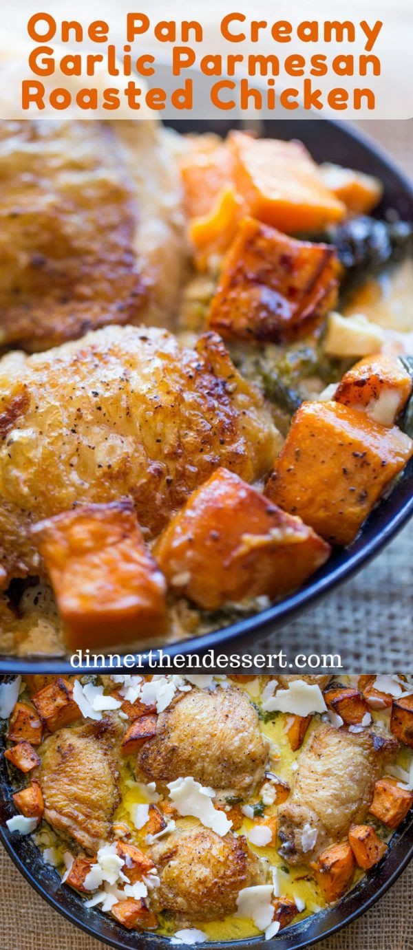 Creamy Garlic Parmesan Roasted Chicken and Sweet Potatoes