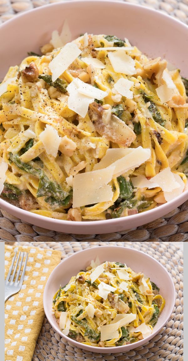 Creamy Lemon Linguine with Caramelized Onion, Chard & Walnuts