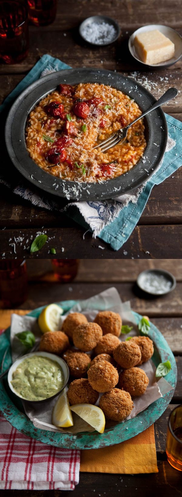 Crispy fried roasted tomato risotto balls with smoked mussels