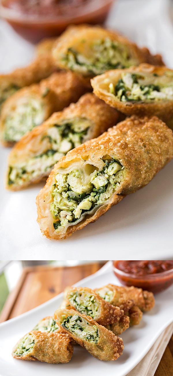 Crispy Garlic Chicken and Spinach Egg Rolls with Gouda Cheese, Served with Roasted Red Pepper Salsa for Dipping