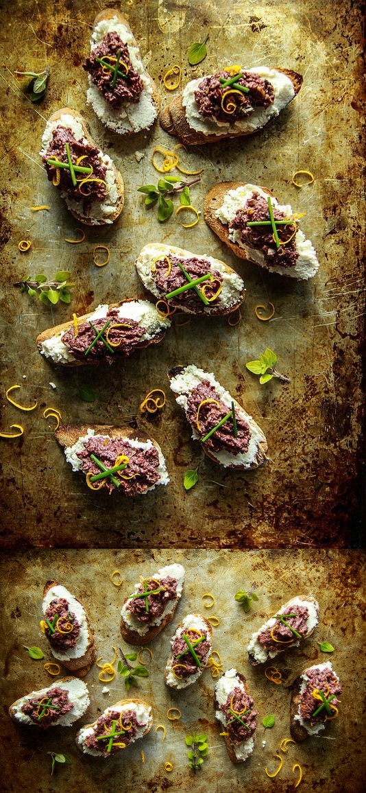 Crostini with Almond Ricotta and Spicy Olive Tapenade