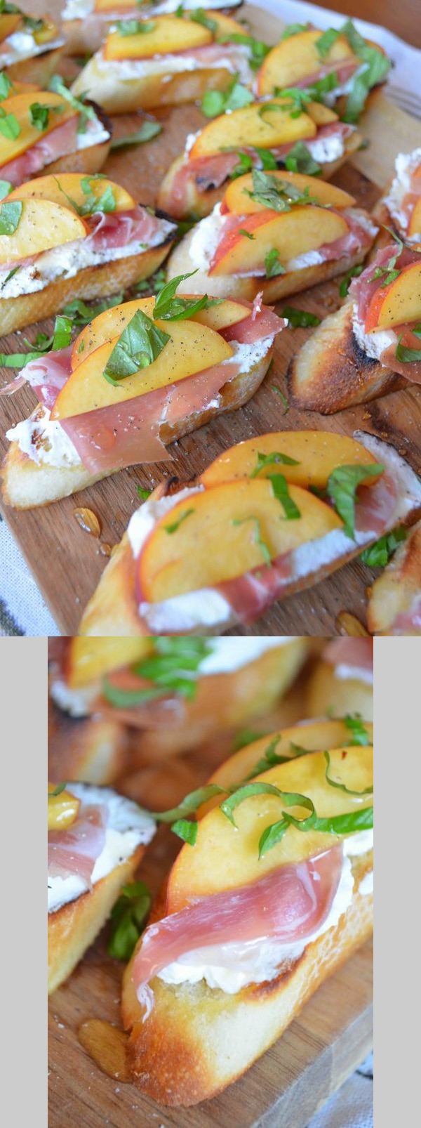 Crostini with Peaches, Ricotta, Prosciutto, Honey and Basil