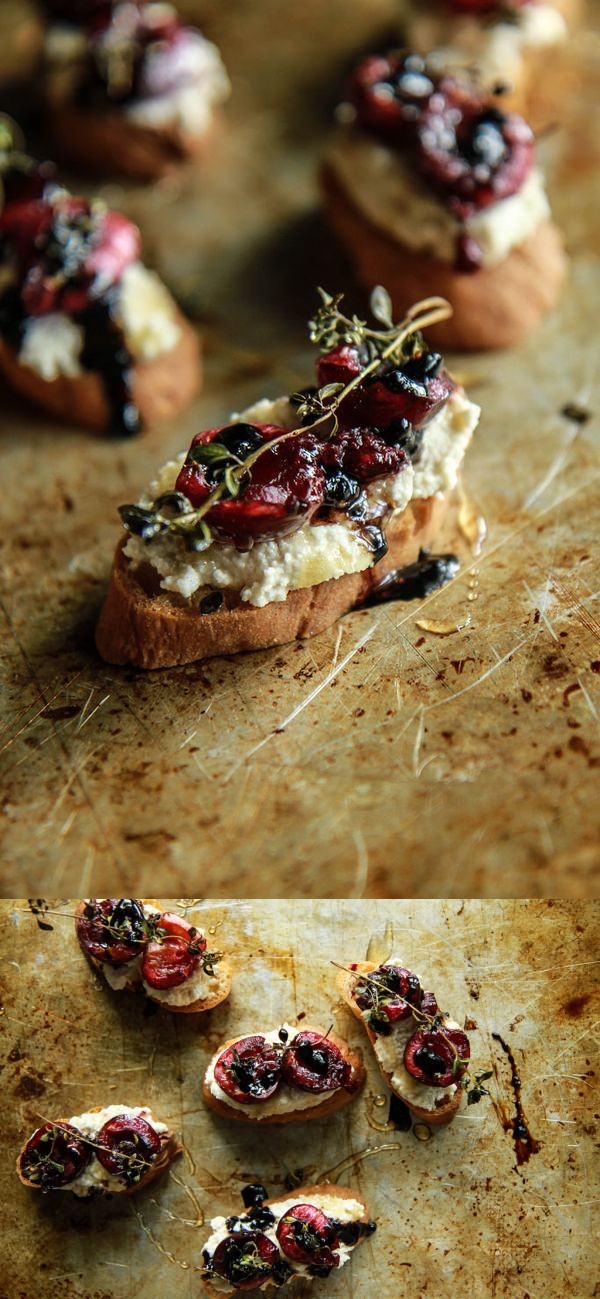 Crostini with Roasted Cherries and Thyme on Almond Ricotta with Honey and Balsamic