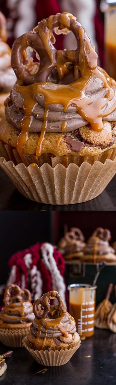 Death By Butterbeer Cupcakes w/Treacle Butter Frosting + Chocolate Covered Pretzels