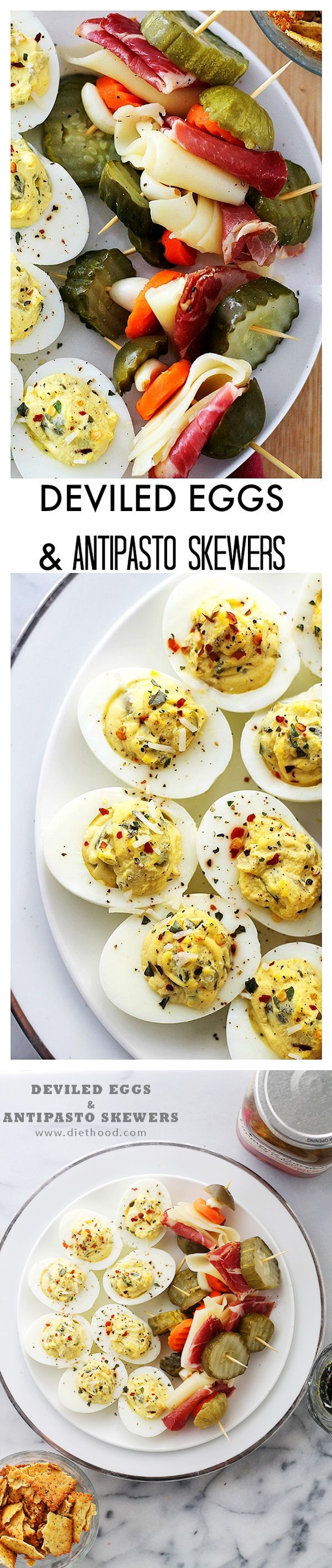 Deviled Eggs and Antipasto Skewers