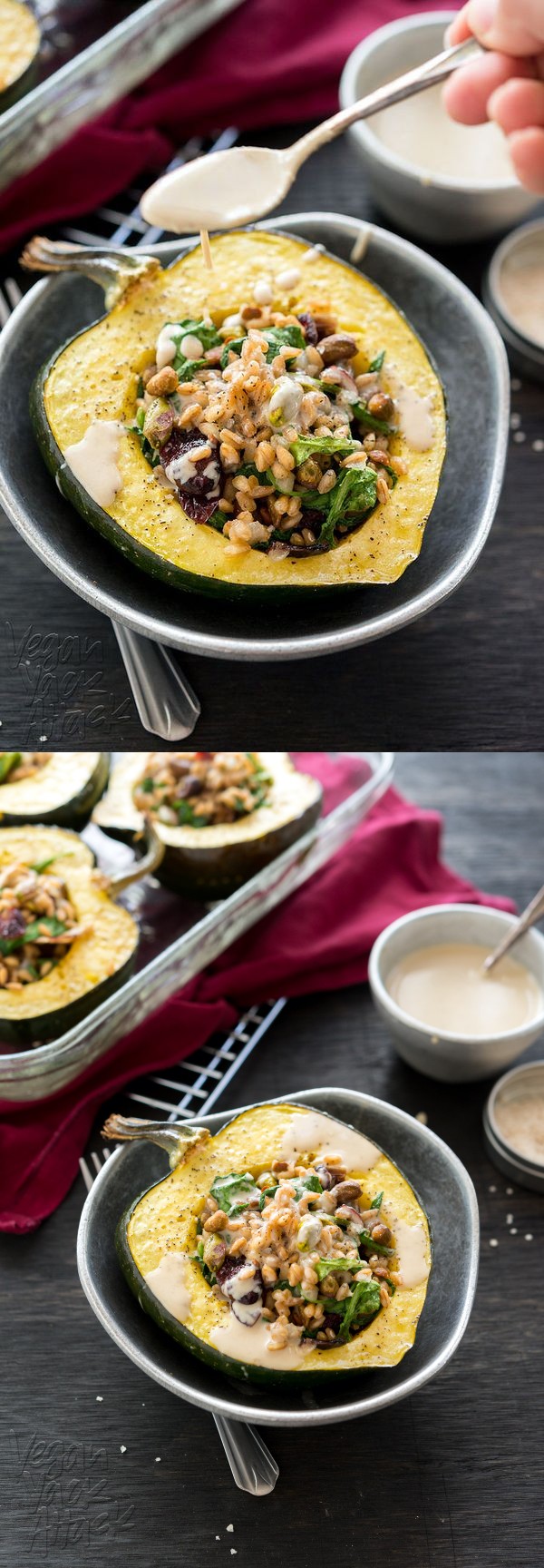 Farro-Stuffed Acorn Squash with Tahini Dressing