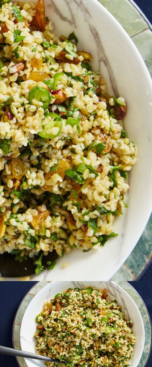 Farro with Pistachios, Mixed Herbs, and Golden Raisins