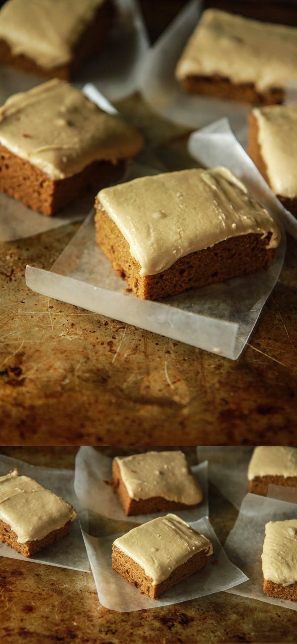 Gingerbread Pumpkin Sheet Cake with Brown Sugar Espresso Caramel Frosting- Vegan and Gluten Free