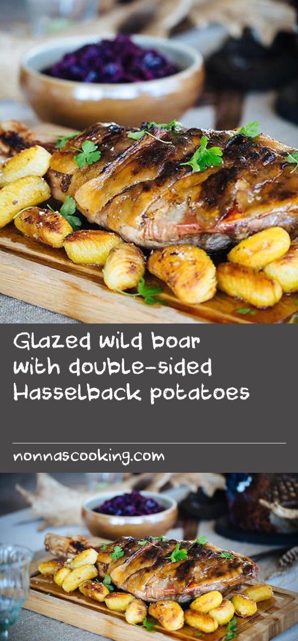 Glazed wild boar with double-sided Hasselback potatoes
