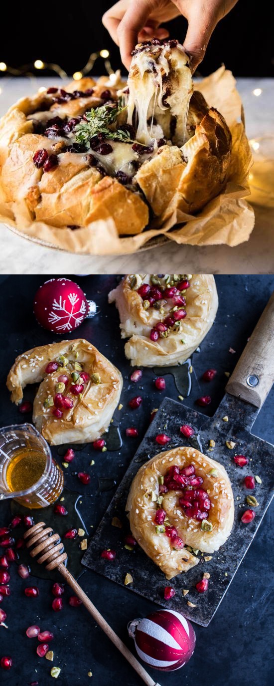 Goat Cheese Stuffed Phyllo Swirls with Pomegranate Honey + Pistachios