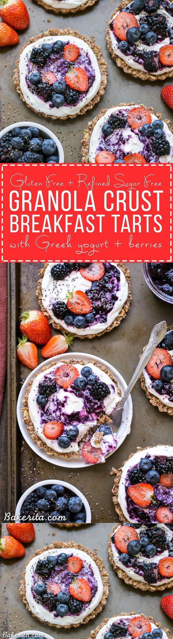 Granola Crust Breakfast Tarts with Greek Yogurt + Berries (Gluten Free + Refined Sugar Free